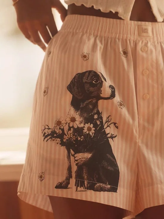 Anthropologie The Wren Boxer Shorts - pink striped with dog - LARGE - NWT - Picture 1 of 4